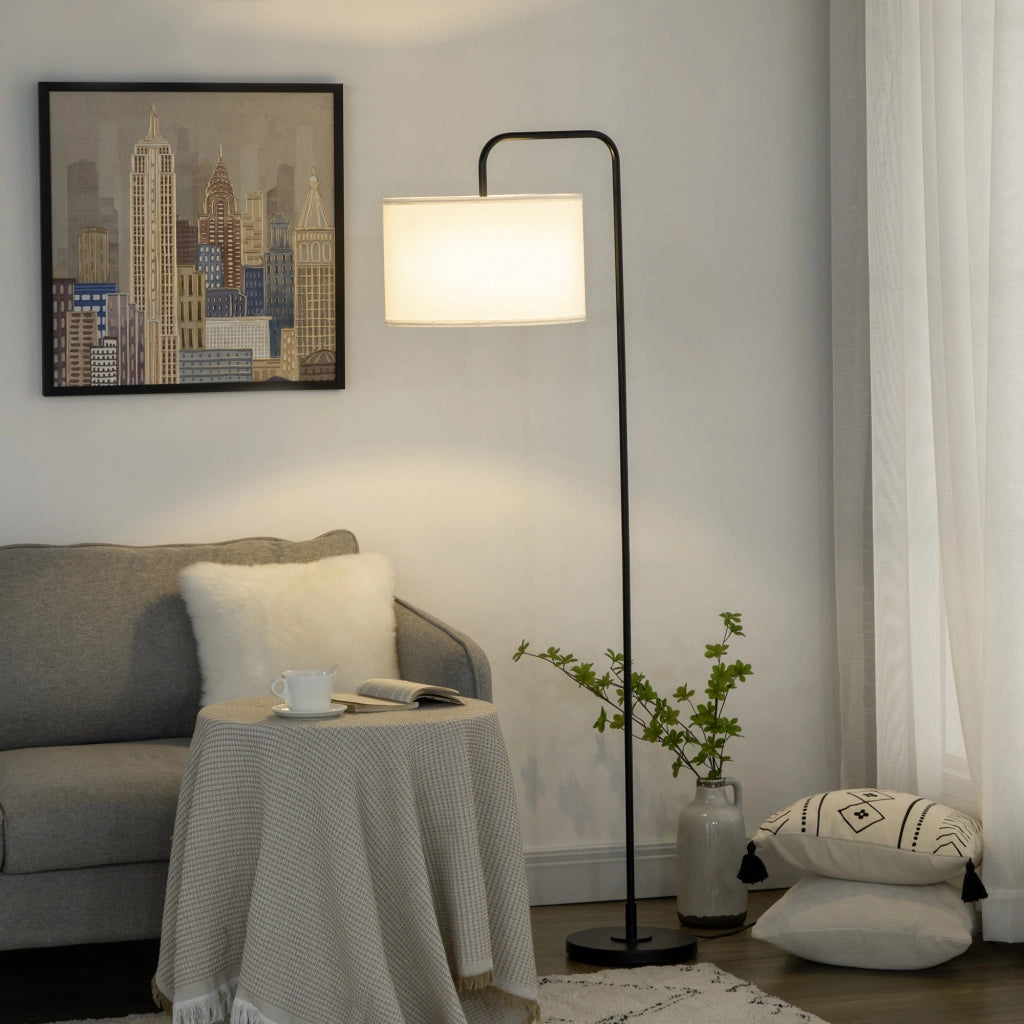 Lampada da Terra Moderna in Acciaio con Paralume in Tessuto Effetto Lino, 64x38x163.5 cm, Bianca e Nera