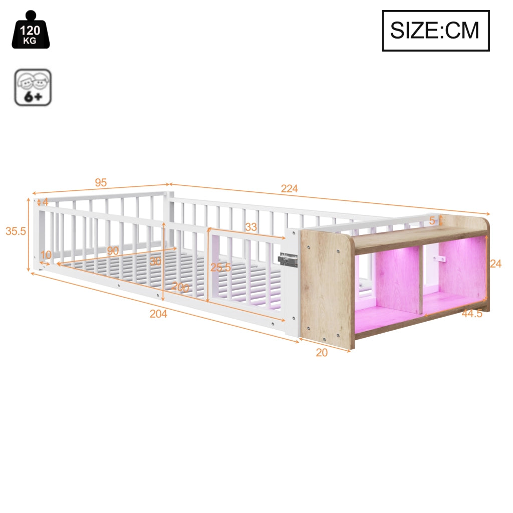 OKWISH Letto per Bambini 90 x 200 cm con Sponda, Vano Aperto e LED, senza Materasso, Metallo e MDF, Bianco