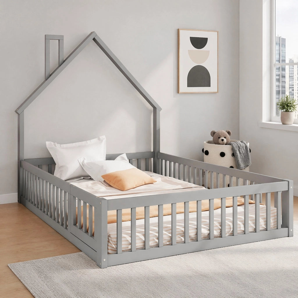 LETTO per bambini 140x200 cm con rete di sicurezza e rete a doghe grigio