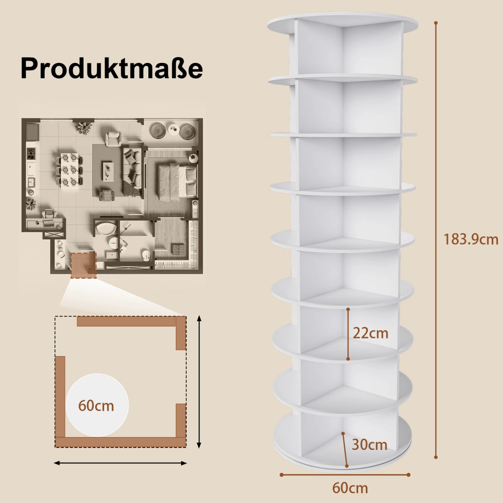 Scarpiera girevole con 8 ripiani per 32 paia di scarpe; in pvc; bianco; per ingresso; 60×60×184 cm