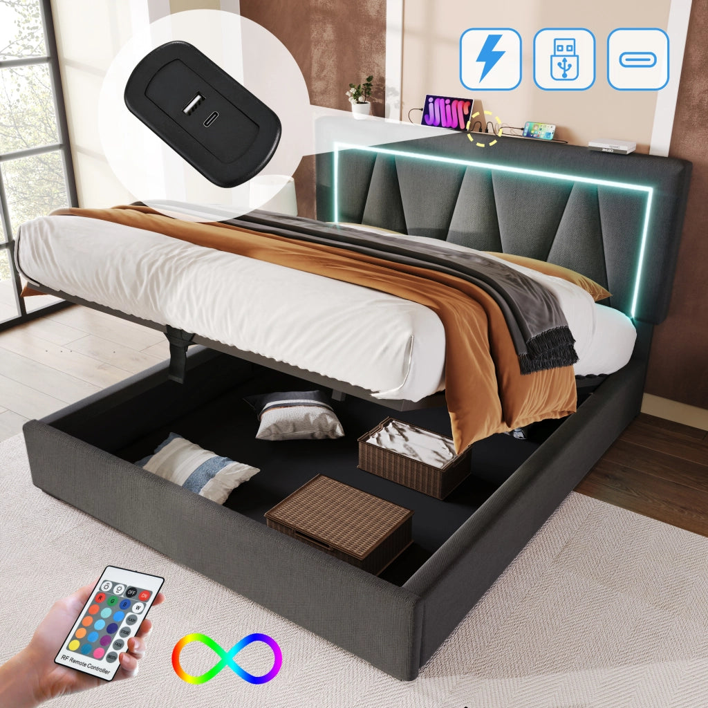 Letto contenitore matrimoniale 140×200 cm con testiera regolabile; USB; Type-C; LED; materasso incluso; grigio