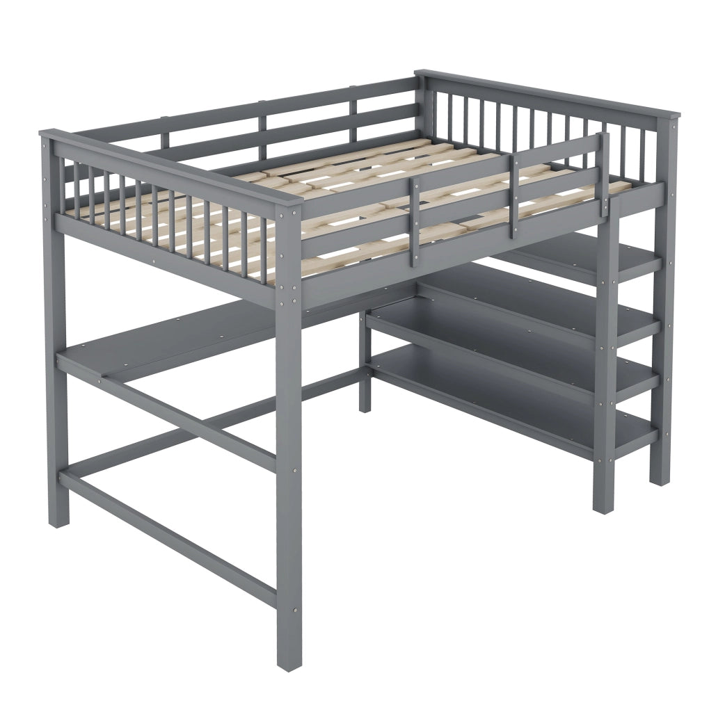 Letto a soppalco 140x200 cm con scrivania e scaffali, grigio