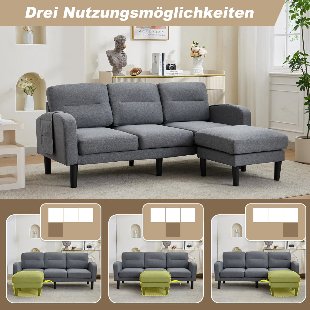 DIVANO Angolare a L 204x136x80 cm Tessuto Grigio 3 Posti con Chaise Longue