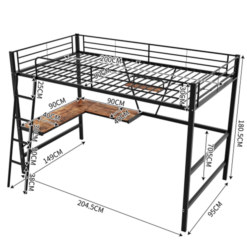 Letto a castello 90x200cm - Xylo - Nero con scrivania a L e scaffale