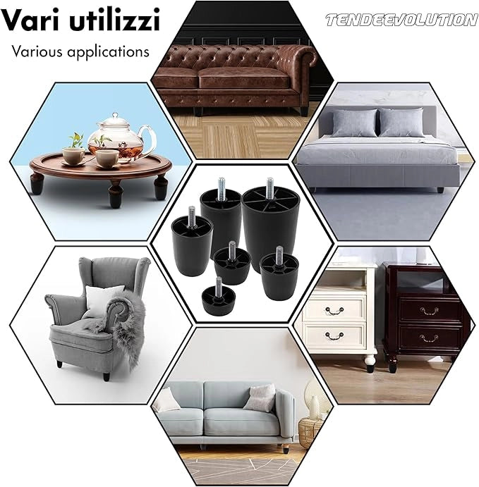 Piedini in Plastica PVC per Mobili | Altezza 12cm | Vite M10 | Design Minimal ed Elegante
