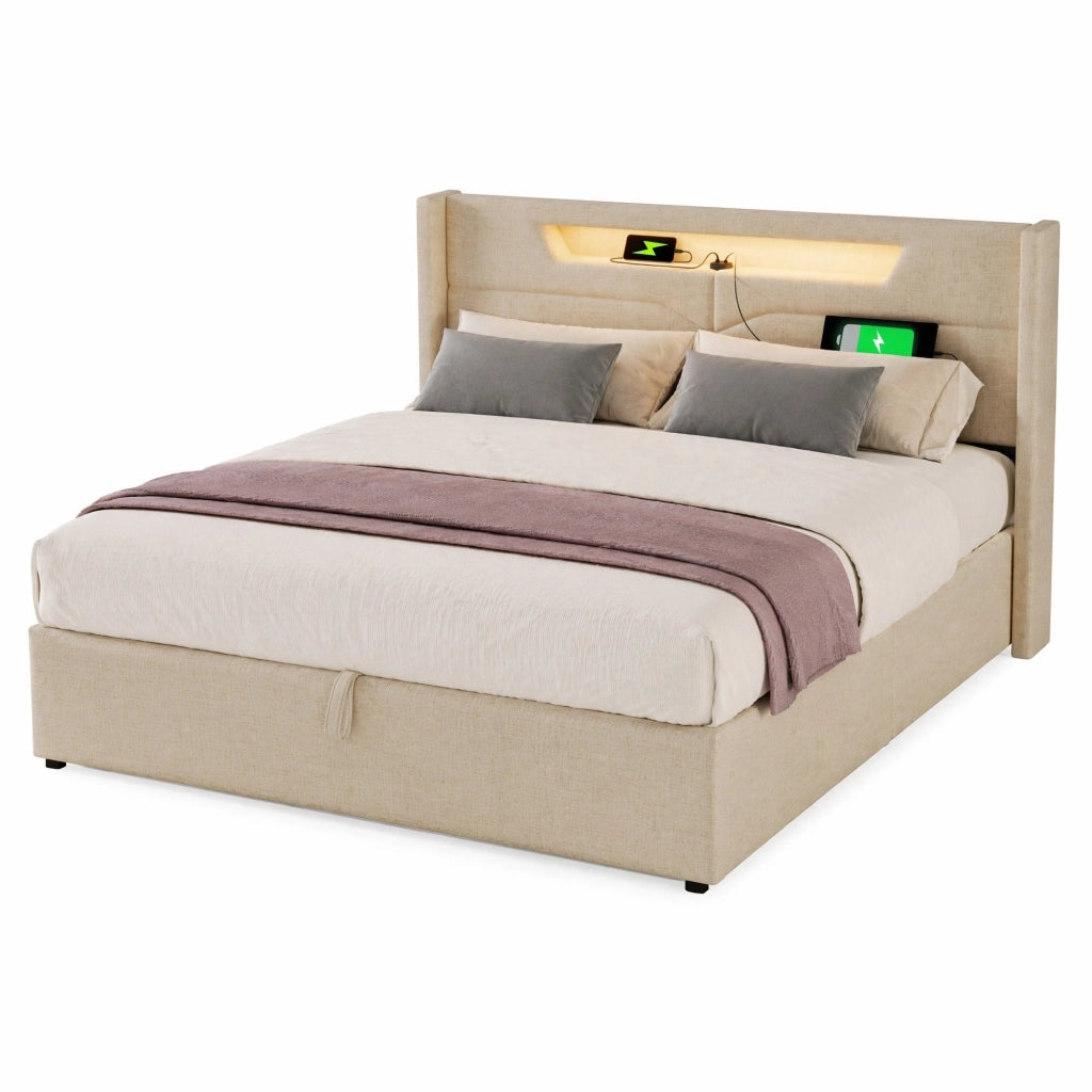 Letto matrimoniale imbottito 140x200 cm in lino beige con LED; USB e Type-C