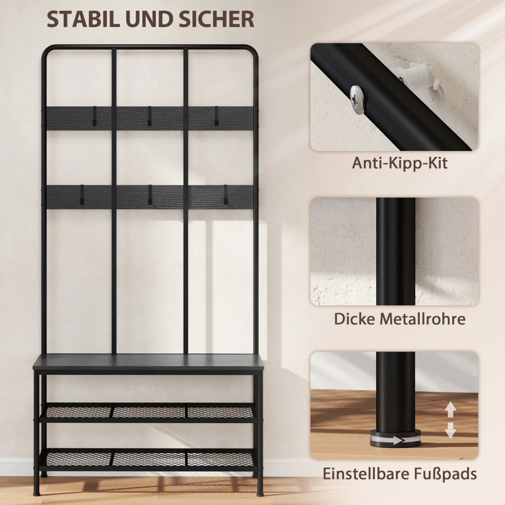 Mobile Ingresso 3-in-1 ¨C Xylo ¨C Appendiabiti Panca Scarpiera Metallo Nero