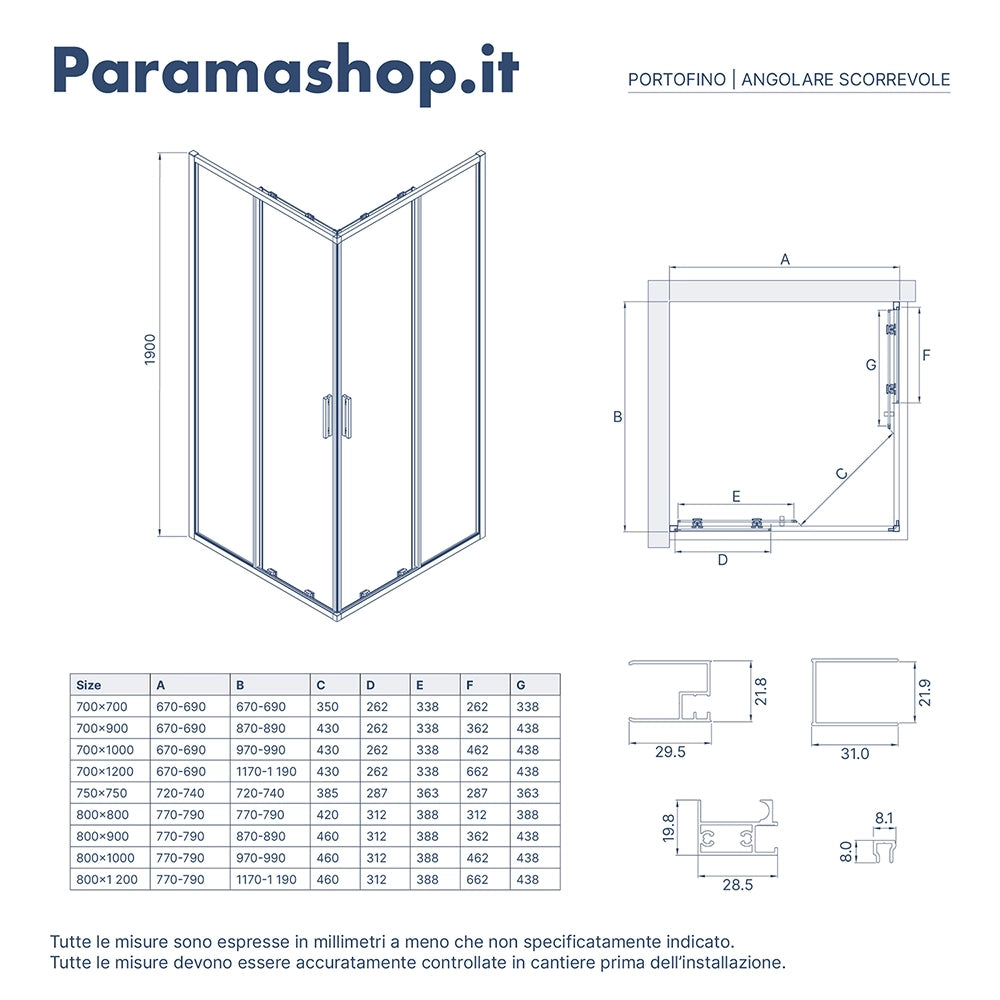 Box doccia angolare 80x80cm con profili cromati slim vetro 6mm opaco h190 | Portofino
