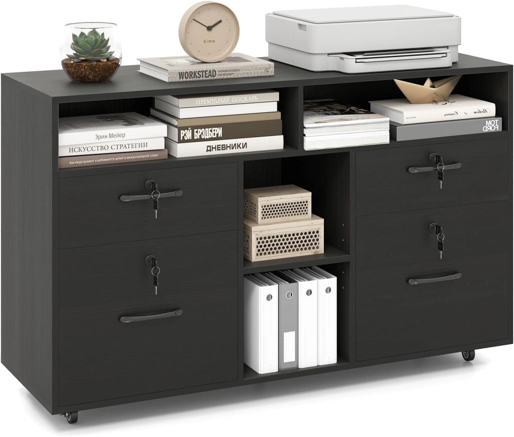 Armadietto Portadocumenti, Mobile da Ufficio Laterale con 4 Cassetti Adatto per File Formato A4/Lettera e 5 Ruote Universali Bloccabili, Credenza in Metallo per Scrivania (Nero)