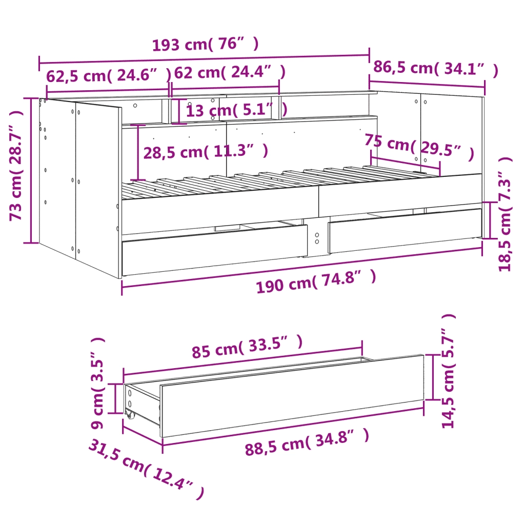Divano Letto con Cassetti senza Materasso 75x190 cm 3280866
