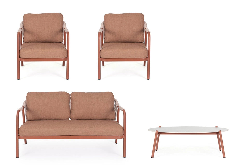 Set 4 Pezzi Salotto da Giardino con Divano 2 Poltrone e Tavolino in Alluminio Corda Poliestere e Pietra Sinterizzata