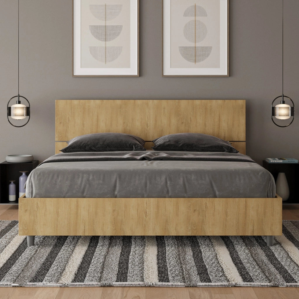 Letto Matrimoniale 160x200 cm con Rete e Contenitore Alzata Comoda Testata Dritta Demas Quercia