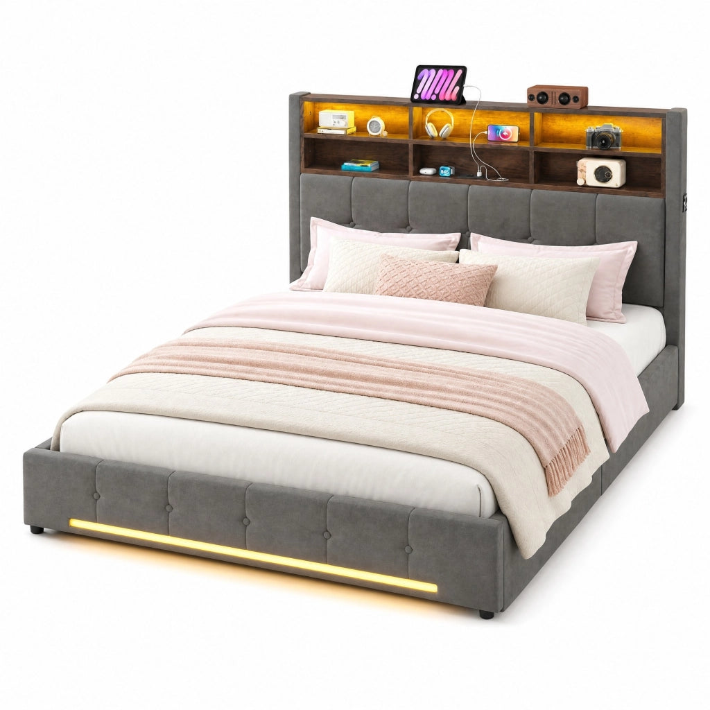 Letto matrimoniale 160x200 cm in velluto grigio scuro con testiera multifunzione, LED, USB-C e contenitore idraulico