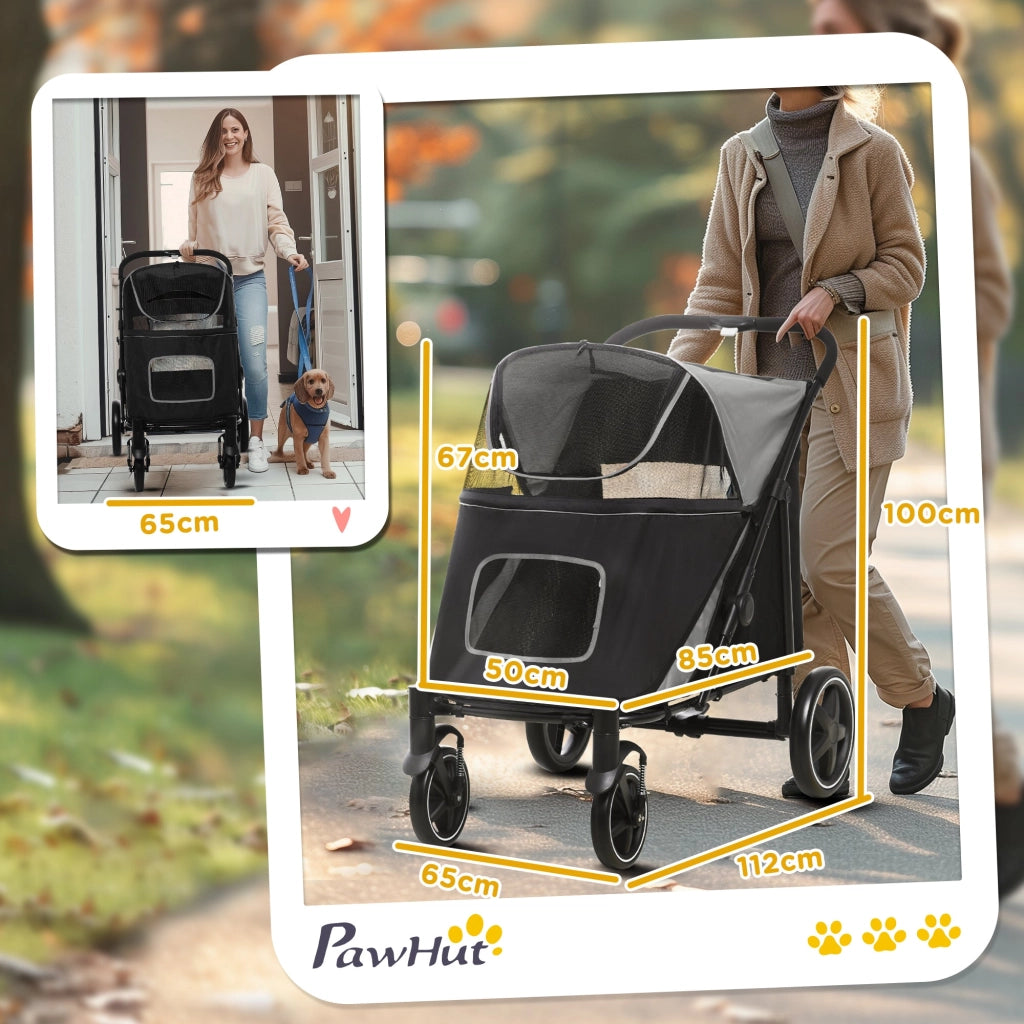 Passeggino per Cani Taglia Media e Grande 112x65x100 cm Pieghevole con Ingressi a Cerniera Grigio Scuro e Nero