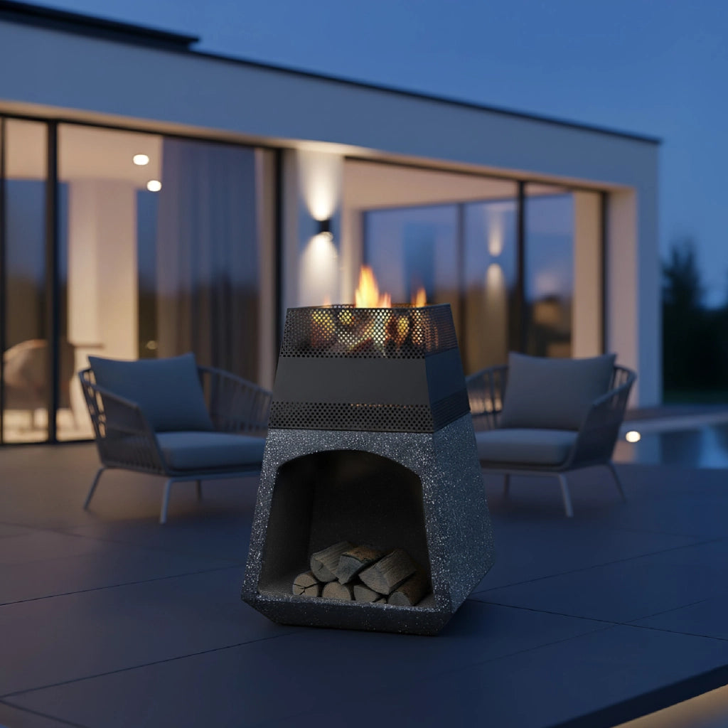 Braciere da Esterno a Legna con Porta Legna Integrato in MGO e Ferro Verniciato a Polvere, Fire Pit da Giardino con Base Effetto Pietra, Resistente a Ruggine e Calore 44 cm