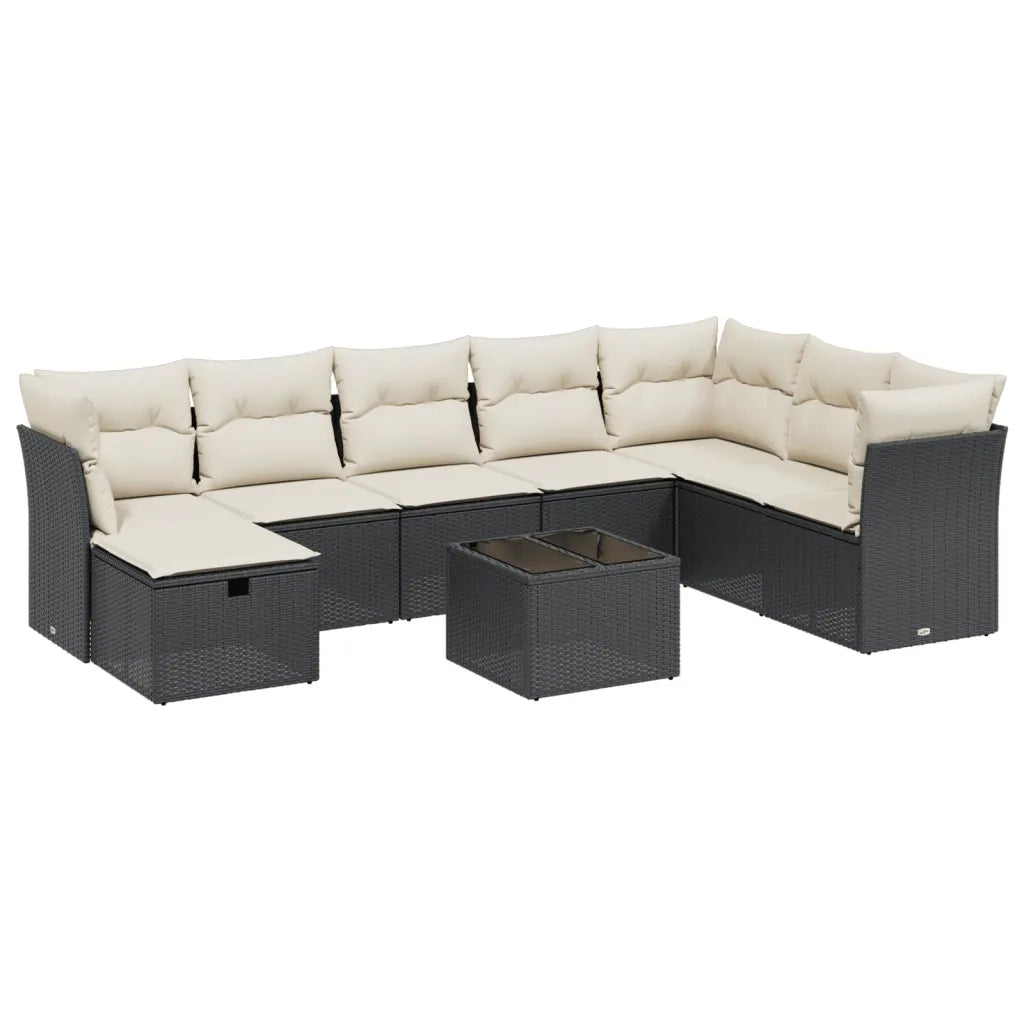 Set Divani da Giardino 9 pz con Cuscini Nero in Polyrattan