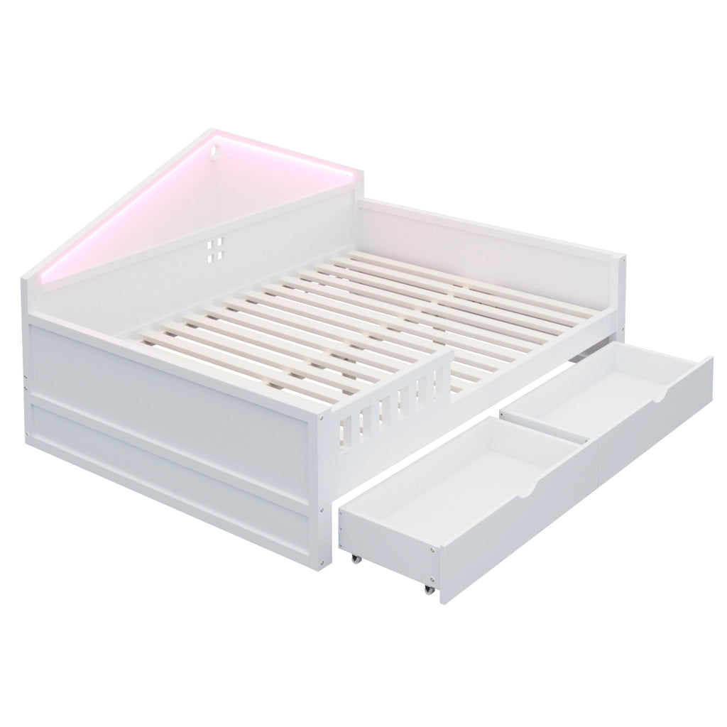 Letto singolo 140×200 cm con 2 cassetti; barra LED; senza materasso; in legno massello e MDF; bianco