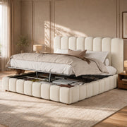 Letto matrimoniale 160 x 200 cm, testiera imbottita, vano portaoggetti, rivestimento in velluto, color beige