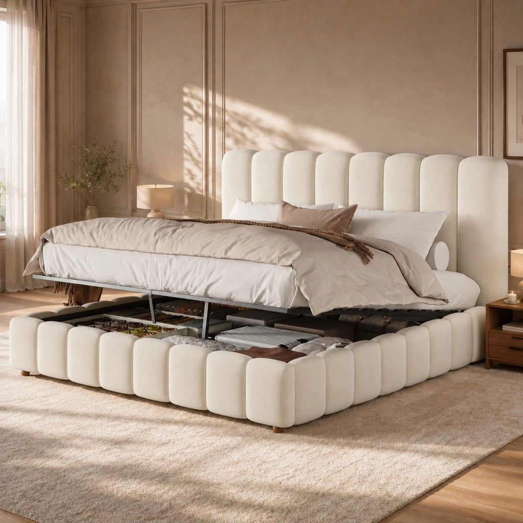 Letto matrimoniale 160 x 200 cm, testiera imbottita, vano portaoggetti, rivestimento in velluto, color beige