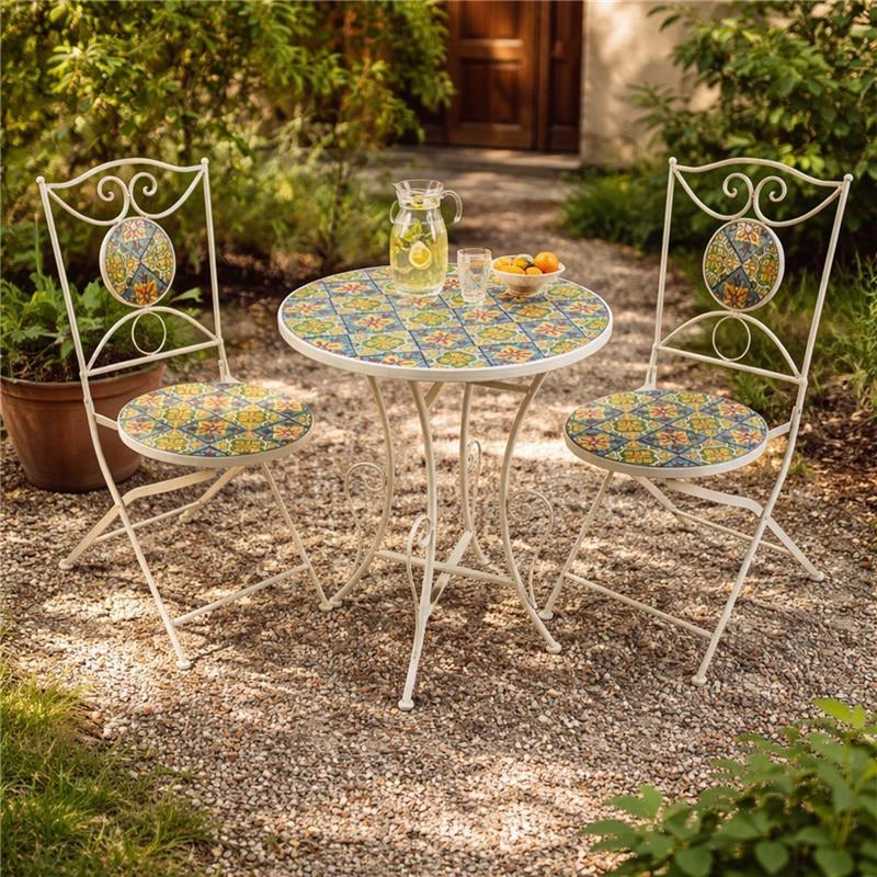 MA MAISON SET TAVOLO E 2 SEDIE PIEGHEVOLI DA GIARDINO IN METALLO CON MOSAICO SET 3 PEZZI