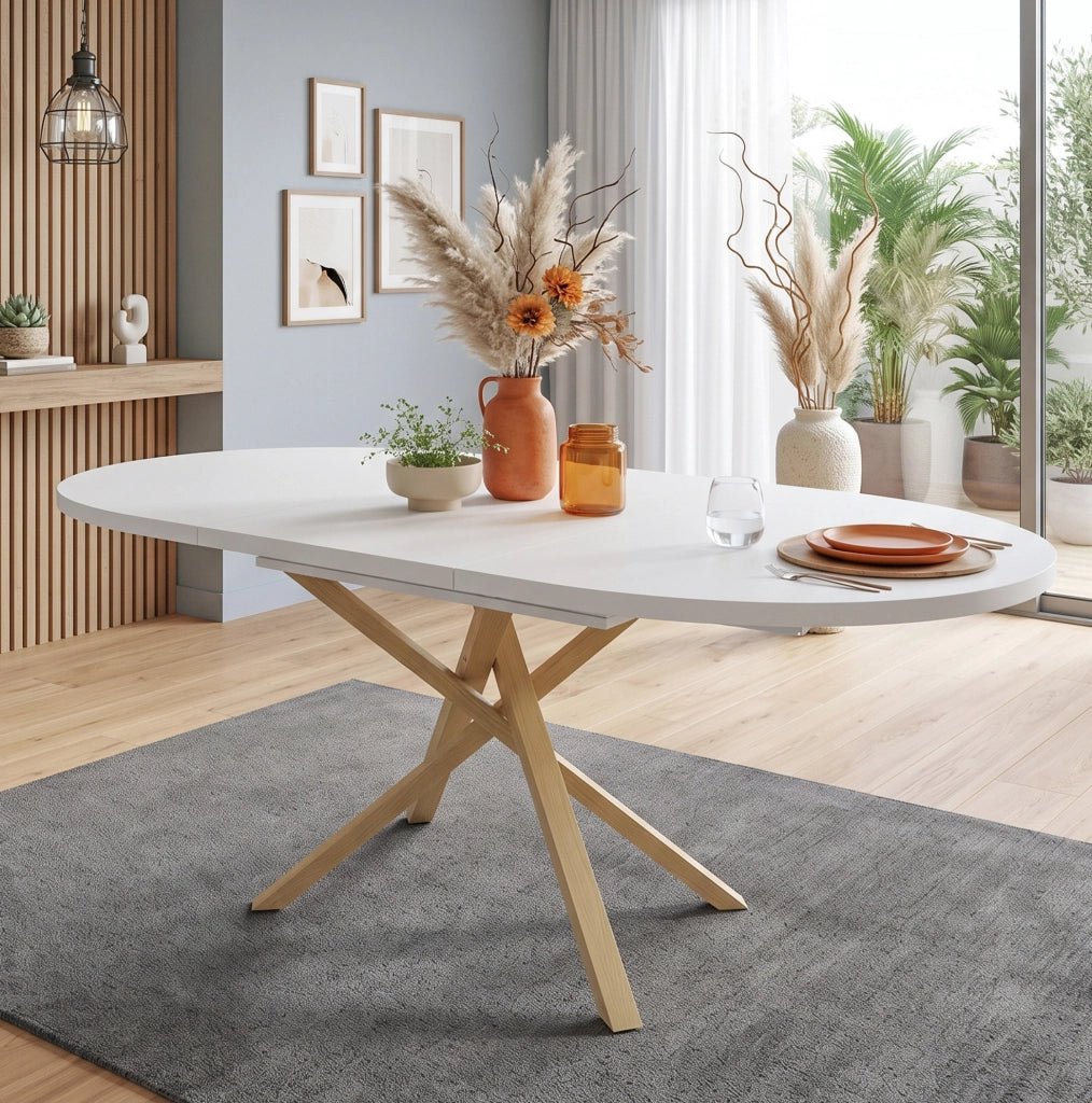 Tavolo da pranzo allungabile rotondo 100/140x100 cm in MDF e metallo; bianco