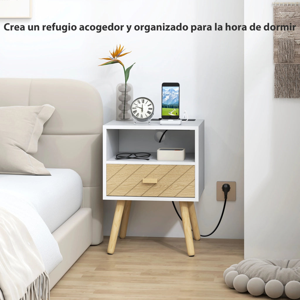 Comodino con Stazione di Ricaricare ¨C zephmum ¨C 2 Prese AC, USB, Tipo-C, Bianco