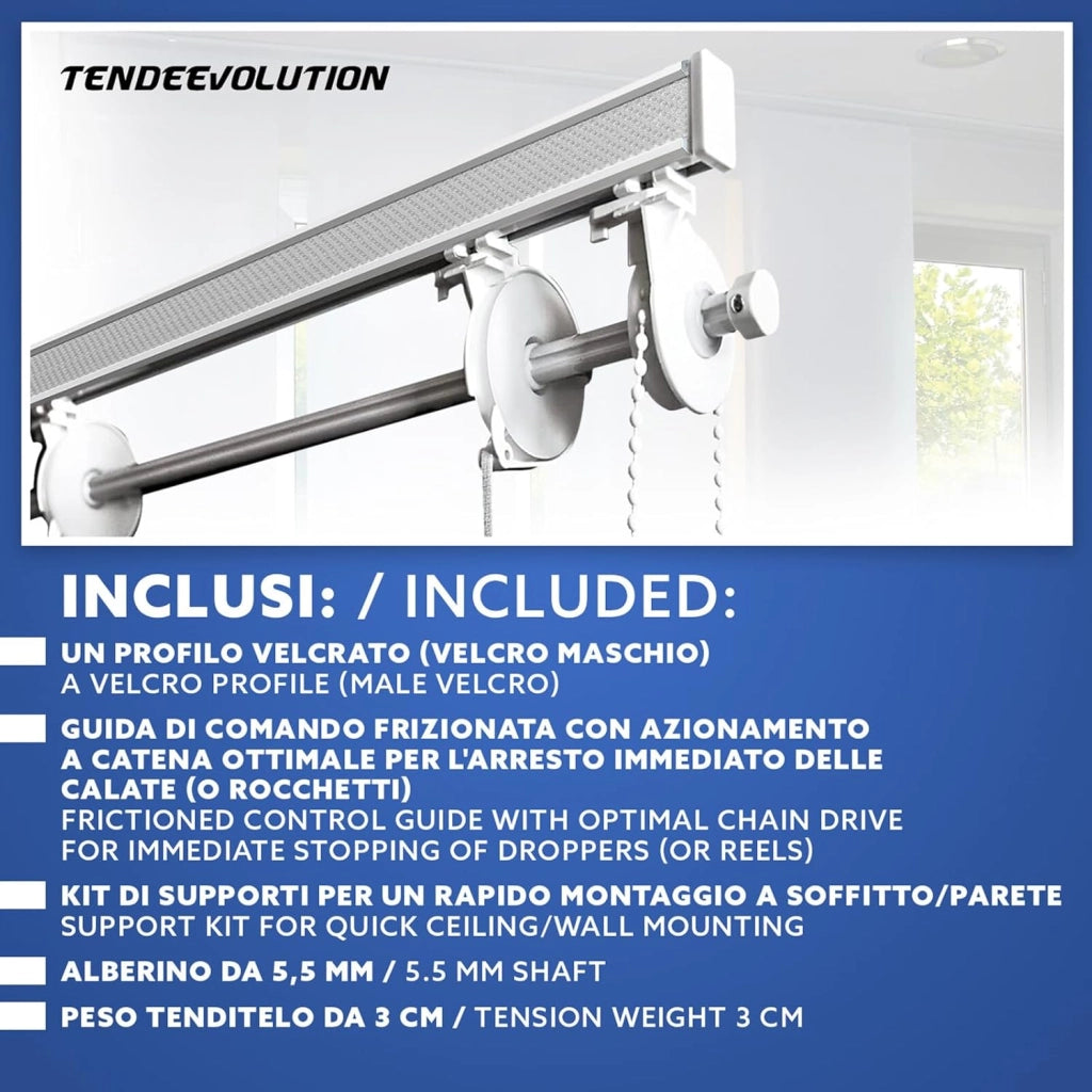 BASTONE BINARIO PER TENDA A PACCHETTO CON 9 CALATE A SGANCIO RAPIDO IN ALLUMINIO BIANCO LUNGHEZZA 260 CM Attacco Soffitto COMANDO A DESTRA
