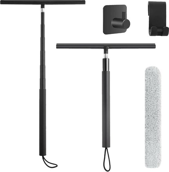 Scopa per doccia estensibile 120-146 cm, pennello di vetro con guaina in silicone, adatto per pavimento e cabina doccia, con setaccio microfibra e gancio, pulitore di vetro per piastrelle e superfici di cucina
