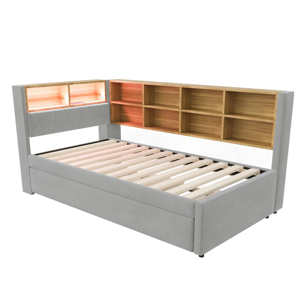 Letto estraibile matrimoniale 90×200 cm e 90×190 cm con LED; USB e ripiani; senza materasso; grigio chiaro