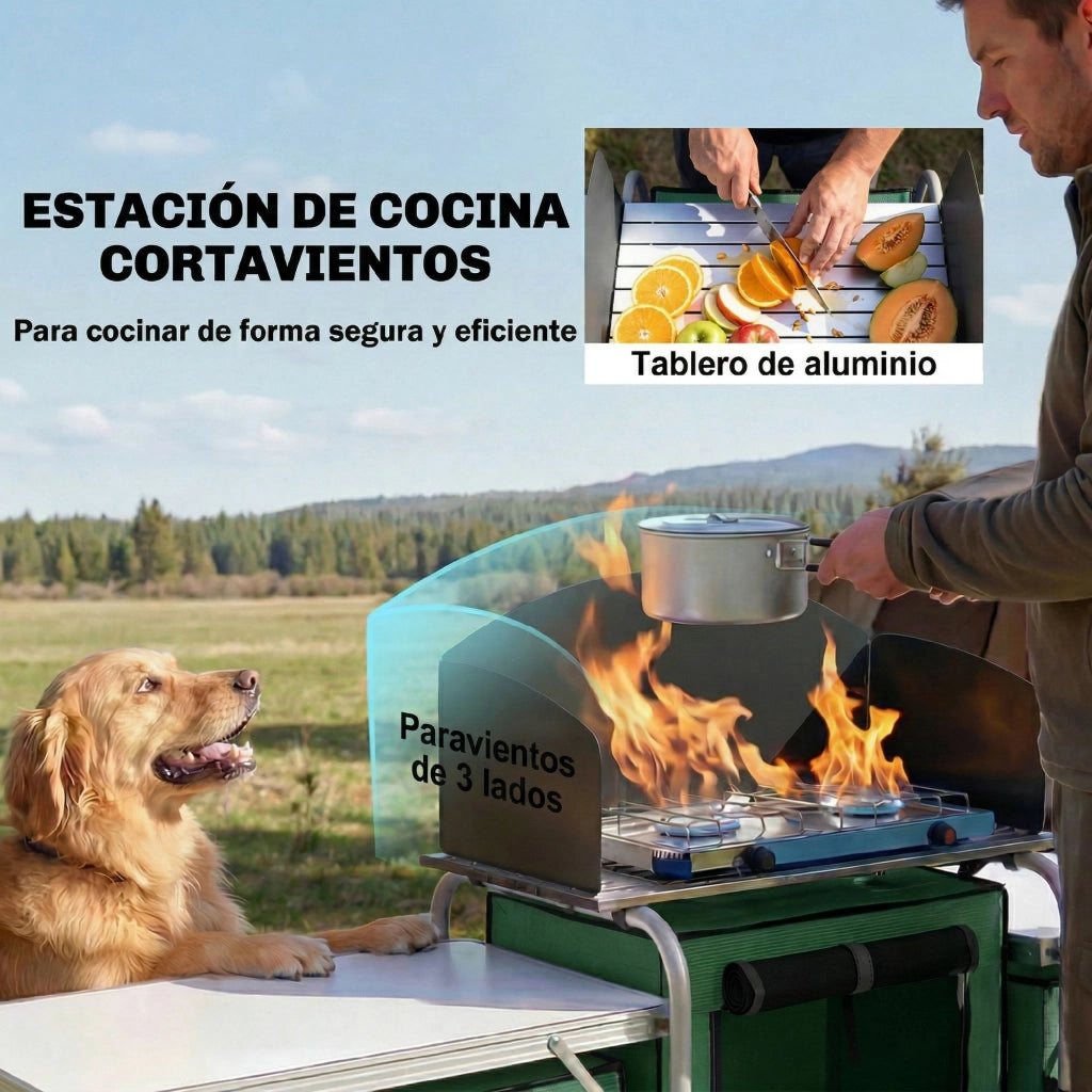 Mobile Cucina Pieghevole da Campeggio ¨C Xylo ¨C 3 Tavoli 4 Ganci Verde 172x48x130cm