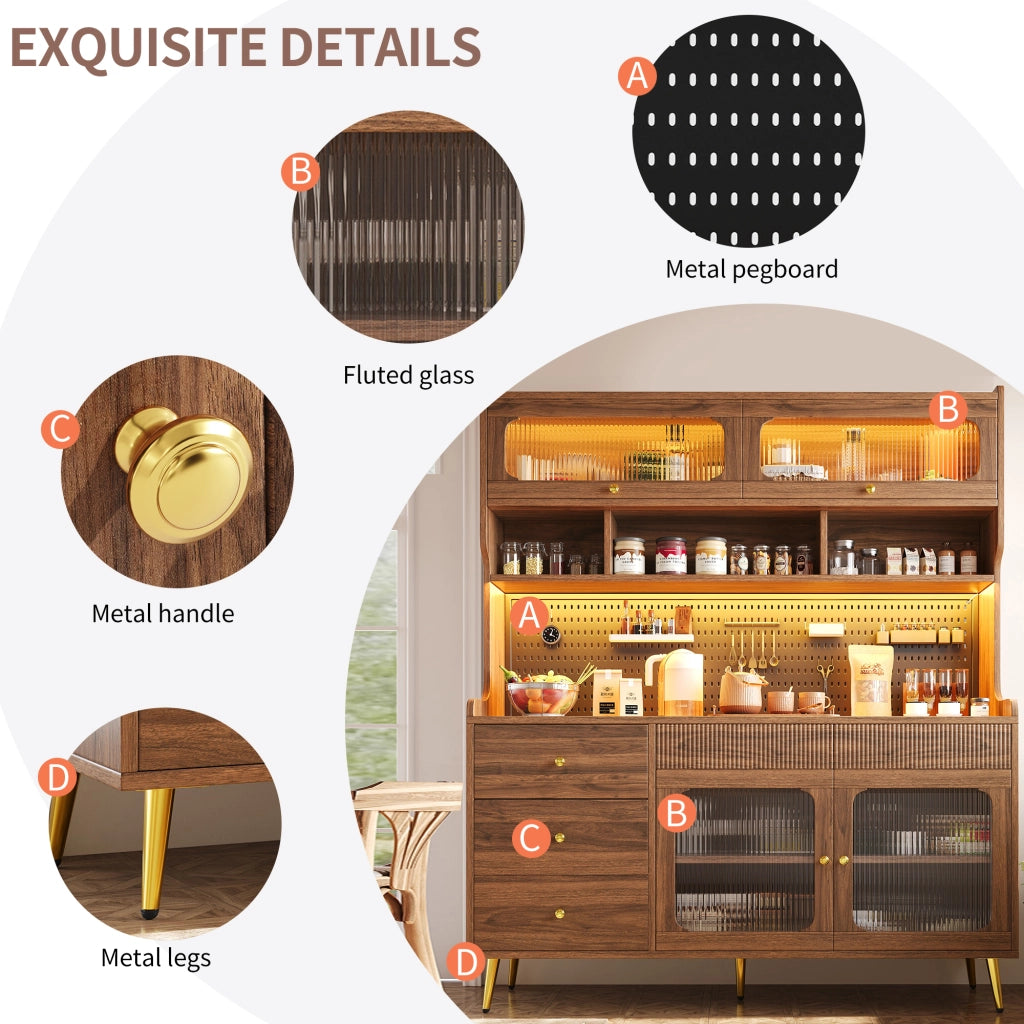 Credenza alta con LED e controllo da app, porta a ribalta, 2 ante e vani interni, per soggiorno e cucina, noce