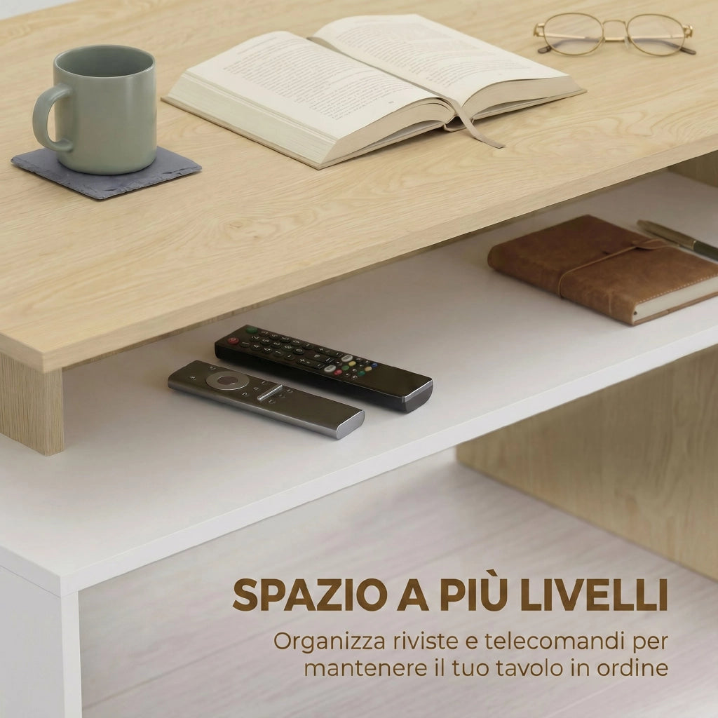 Tavolino da Salotto Bicolore con Mensola Asimmetrica ¨C zephmum ¨C Legno Naturale e Bianco 95x55x50 cm