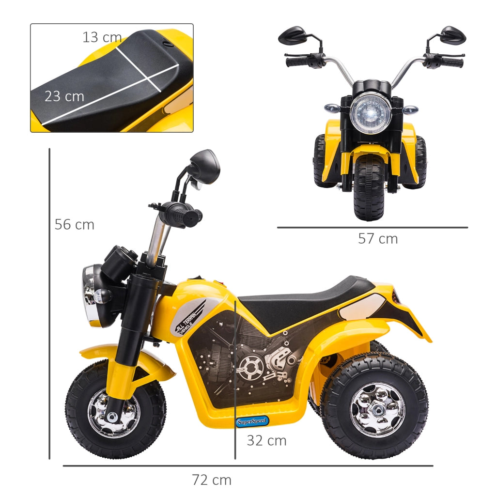Moto Elettrica per Bambini a 3 Ruote con Luci e Suoni, Batteria Ricaricabile 6V, Velocit¨¤ 2 km/h, per Bimbi da 18-36 Mesi, 72cmx57cmx56cm Gialla