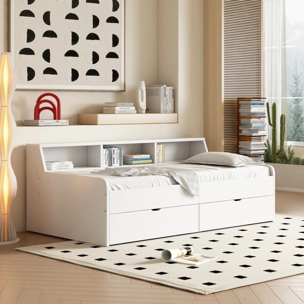 DESMIU Letto singolo 90 × 200 cm con 2 cassetti e 3 vani portaoggetti, senza materasso, in legno di pino e MDF, bianco