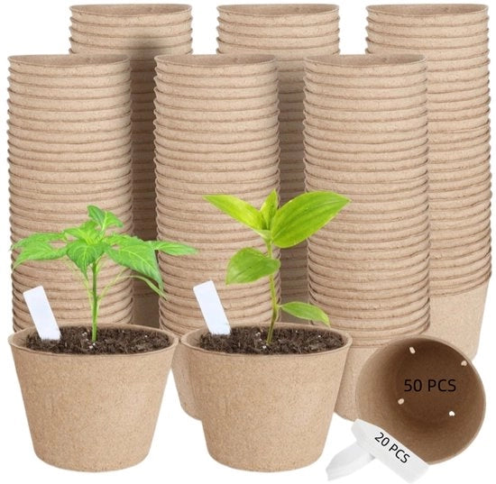 50 pezzi - contenitori per piante - contenitori biodegradabili per semi - zaaieraie per giardino - con fori di drenaggio - con 20 etichette per piante - per la germinazione di fiori, verdure, alberelli e erbe - 6×6cm - marrone