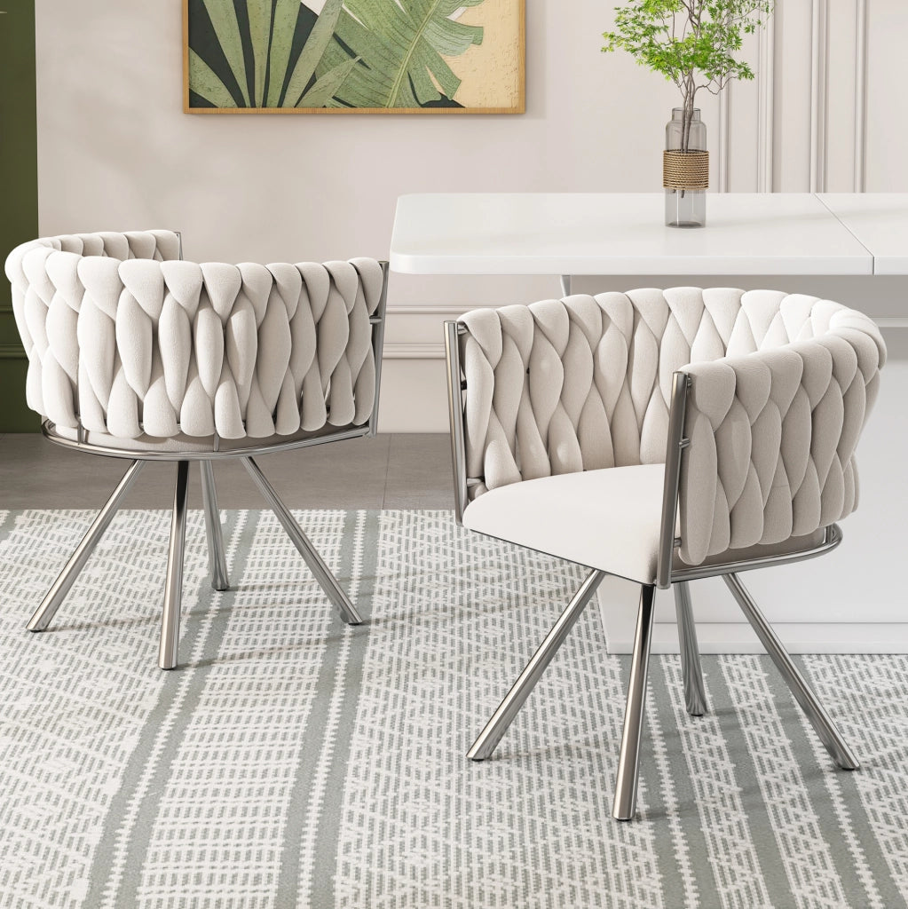 Sedie da pranzo girevoli in velluto beige e argento; set 2; con schienale ergonomico