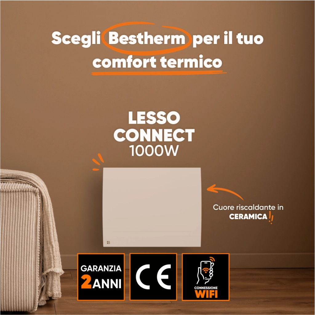 Radiatore elettrico fisso connesso WIFI con inerzia ceramica a secco 1000W LESSO CONNECT orizzontale bianco