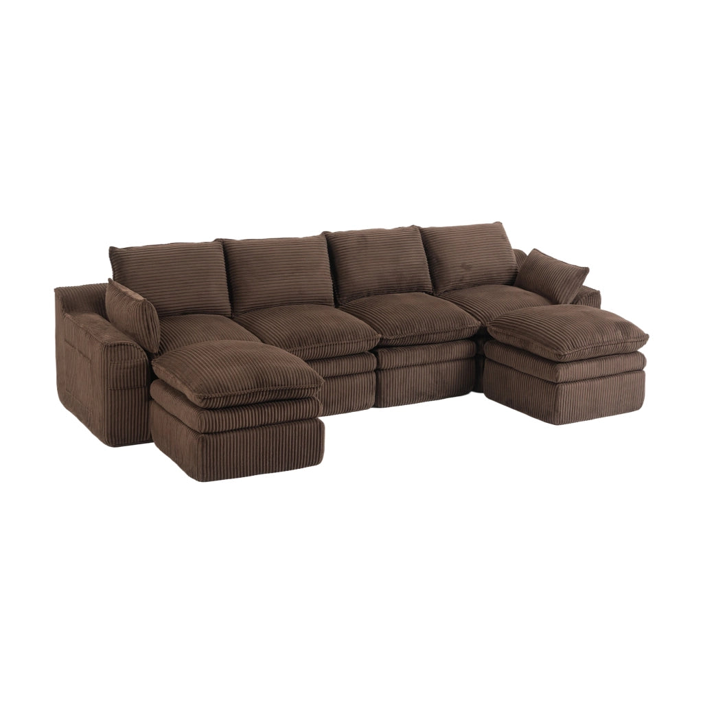 Divano Modulare 4 Posti con 2 Pouf ¨C MINIMAL ¨C Tessuto a Coste, Cuscini, Marrone
