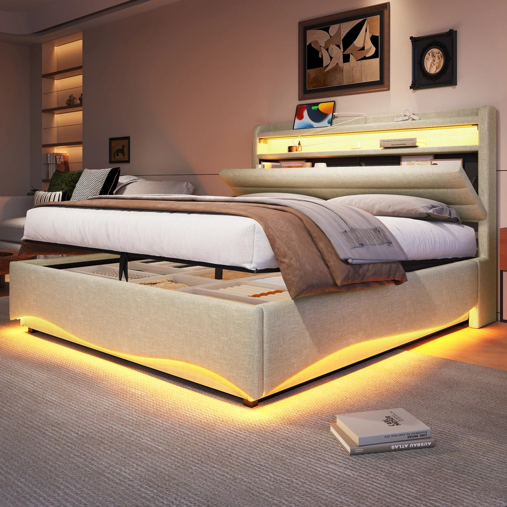 LETTO Contenitore 140x200 cm Lino Beige con LED, USB e Type-C