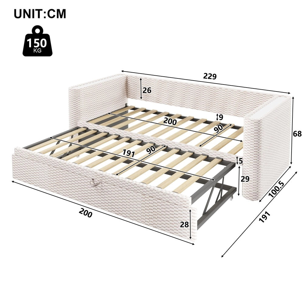 Letto di Giorno Estraibile con LED ¨C MINIMAL ¨C Velluto Beige, 90x200 / 180x200, Rete a Doghe