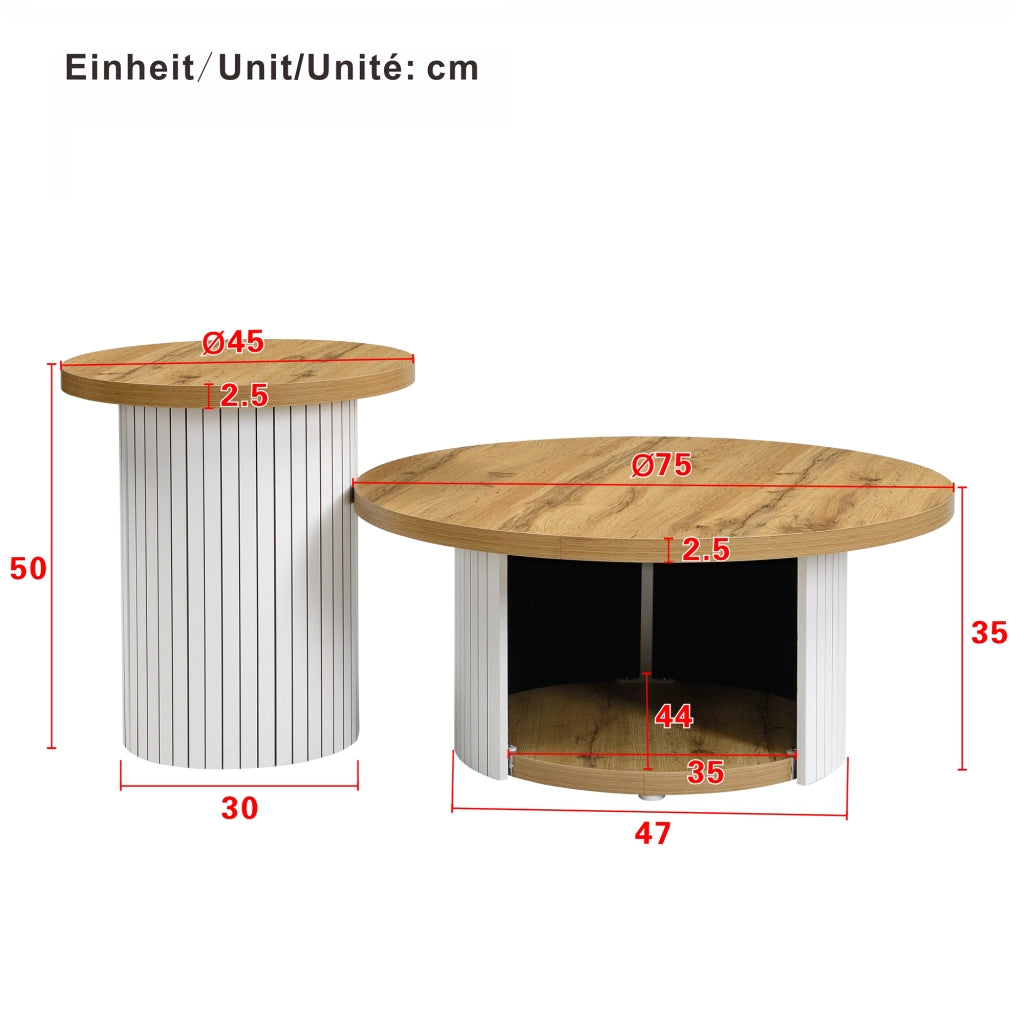 Tavolino da Caffè Rotondo con Tavolino Ausiliario, Spazio Di Archiviazione, Stile Nordico per Soggiorno, in MDF, Naturale
