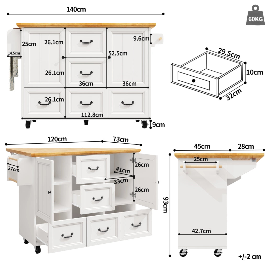OKWISH Carrello da Cucina con Piano Pieghevole, 2 Ante e 5 Cassetti, Ruote, MDF e Metallo, Bianco