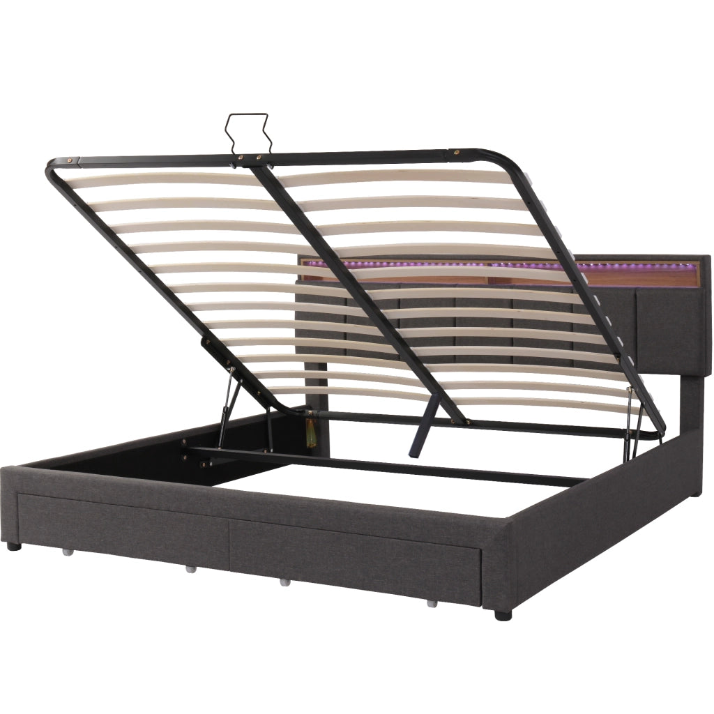 Letto contenitore 160×200 cm; letto matrimoniale con LED; spazio sotto il letto; senza materasso; in acciaio; grigio scuro