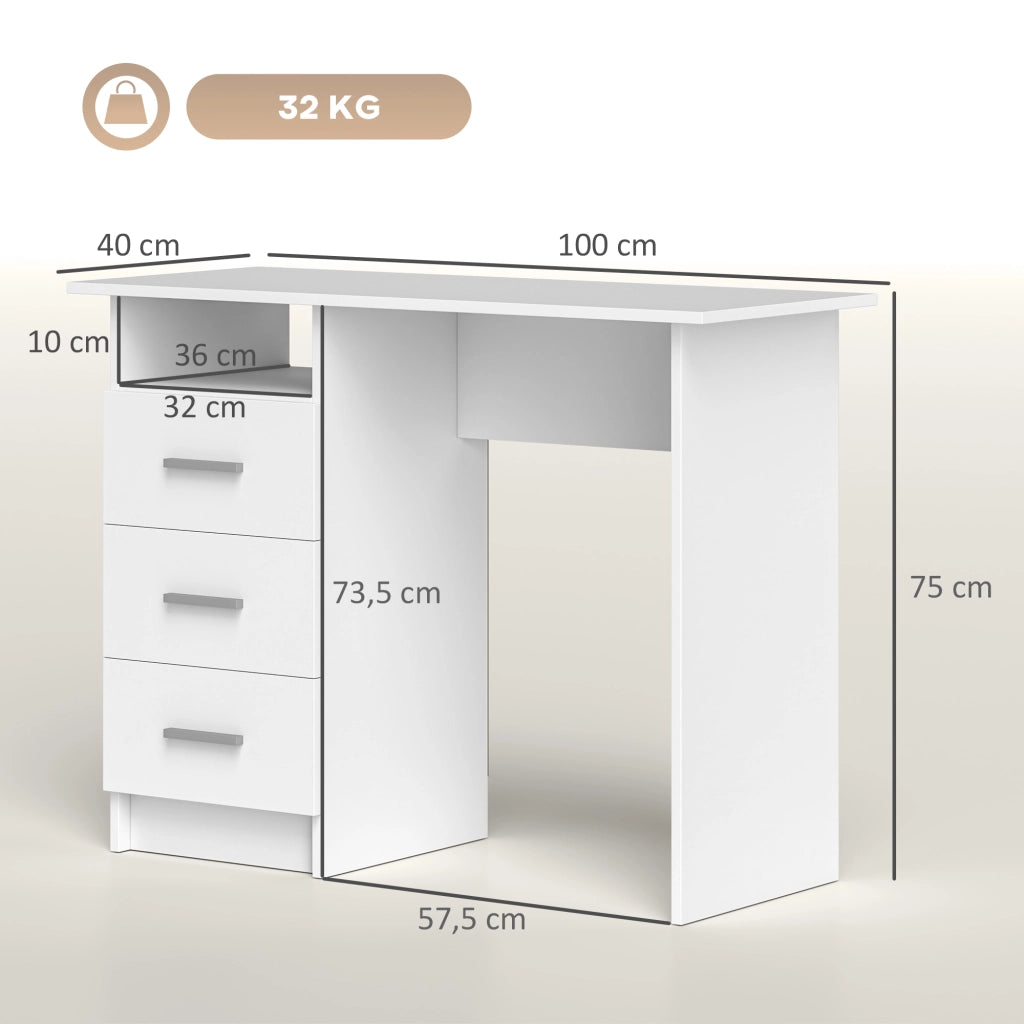 Scrivania per Computer ¨C Xylo ¨C Bianco con 3 Cassetti e Ripiano, 100x40x75 cm