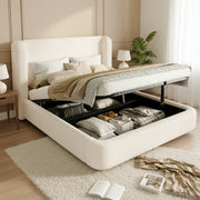 Letto matrimoniale contenitore in bouclé beige con rete e apertura idraulica