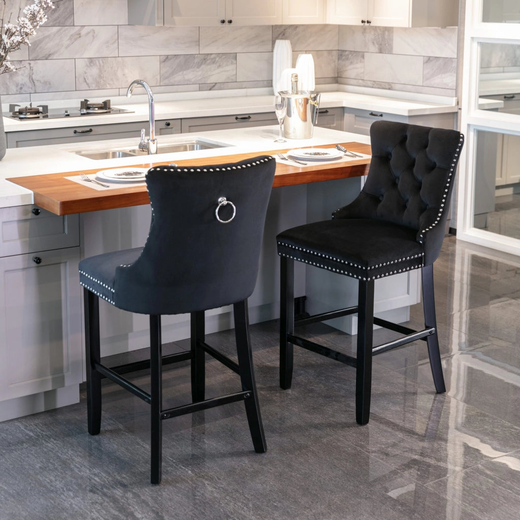 Sgabelli da Bar in Velluto con Gambe in Legno e Bottoni ¨C MINIMAL ¨C Set 2, Nero