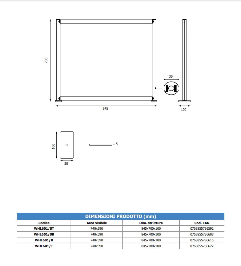Pannello divisorio plexiglass da tavolo con base