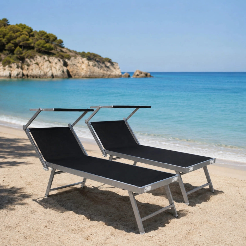 Set Di 2 Lettini Prendisole Pieghevoli Professionali In Alluminio Tettino Parasole Tettuccio Orientabile Per Mare Spiaggia Piscina Giardino Lettino Prendi Sole 182 X 60 X 38 Cm Nero