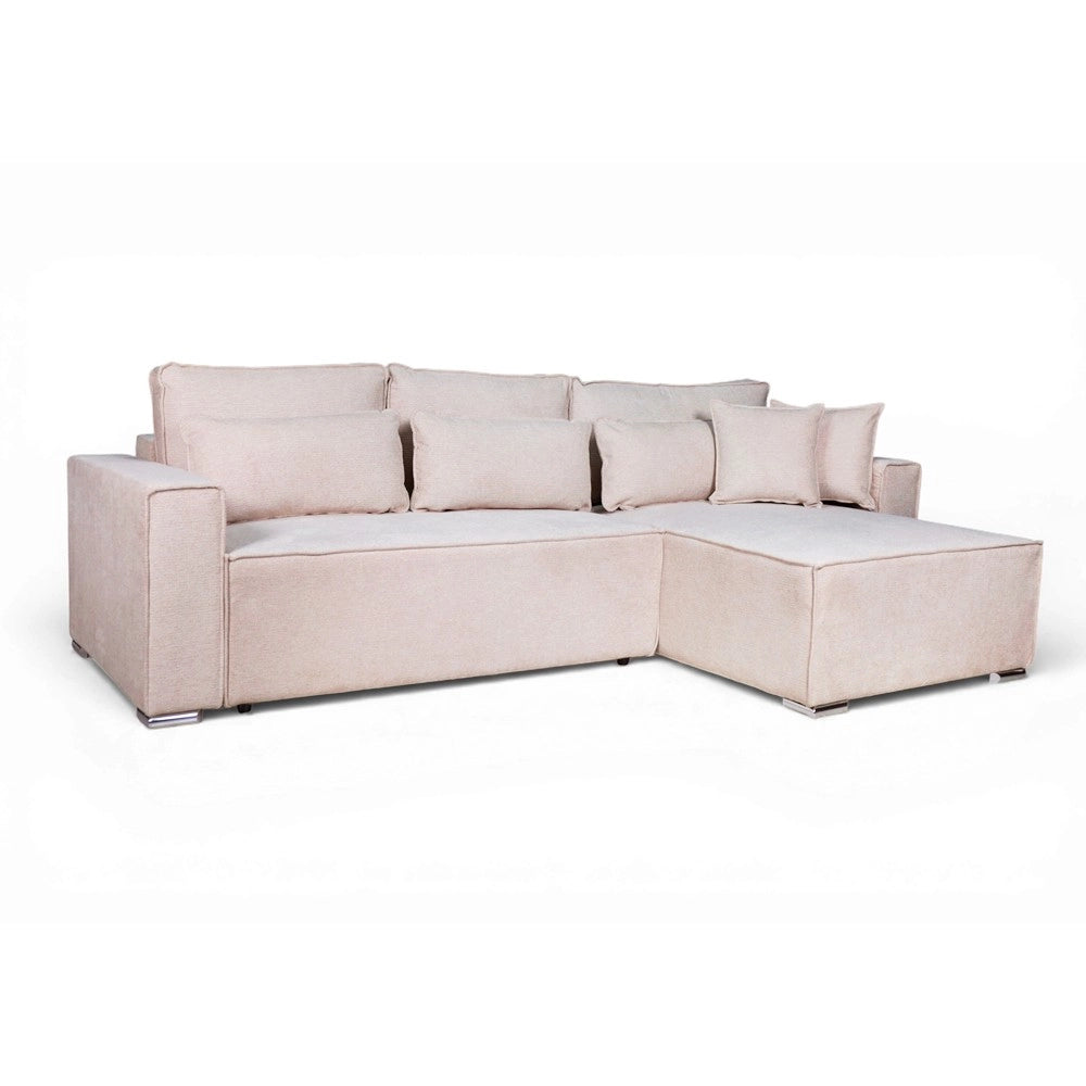 Divano Angolare Emily beige con Letto Easy Open, Contenitore e Penisola Reversibile – Comfort e Design per il Living