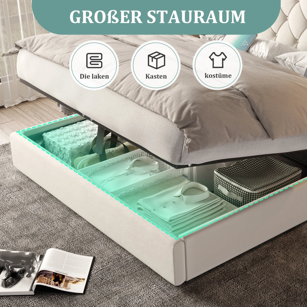 Letto contenitore matrimoniale 160×200 cm con USB; luci da lettura e materasso non incluso; velluto beige